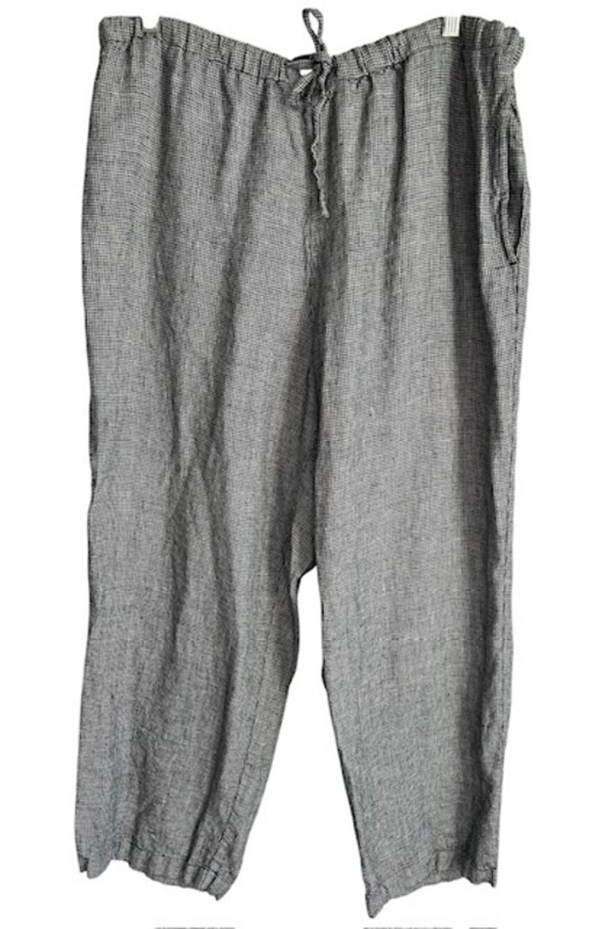 Orvis Womens Large Linen Wide Leg Drawstring Pant Black White Micro Houndstooth